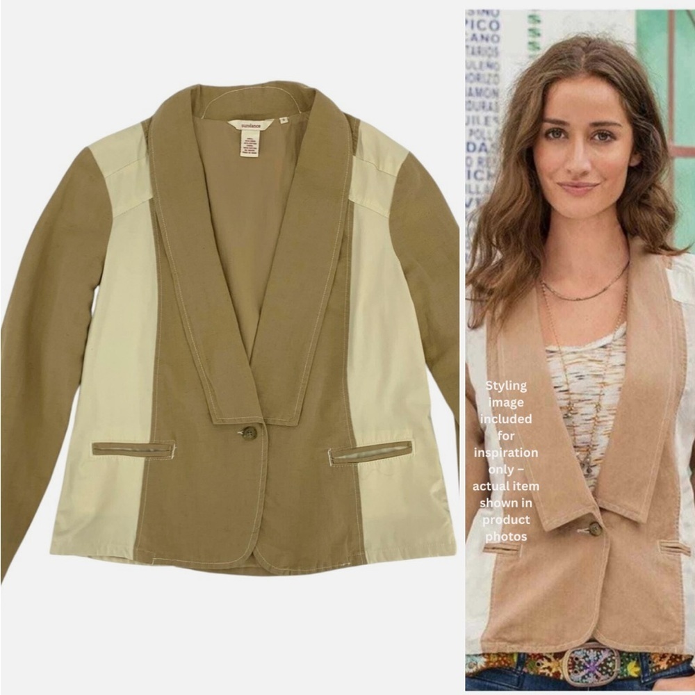 Sundance Linen CottonBlend Blazer Tan Cream Jacket Lined M Boho Business Casual